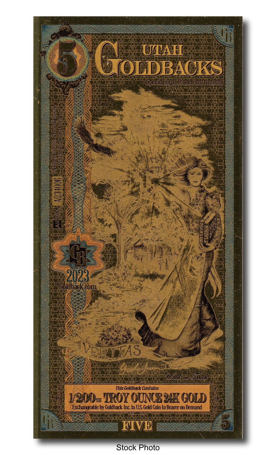 2023 Aurum 5 GB Utah 1/200oz 24K Gold Foil Note Ltd. Edition Five Goldbacks