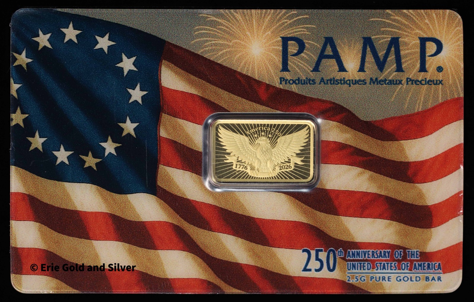 PAMP Sussie 250th Anniversary Flag 2.5 Gram Gold Bar in Assay Card