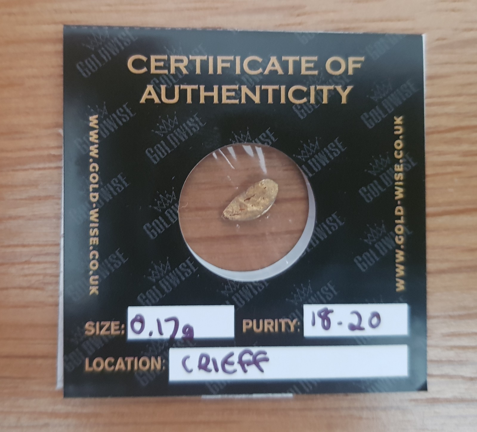 Scottish Gold Nugget Hand Panned by Goldwise 0.17g in COA
