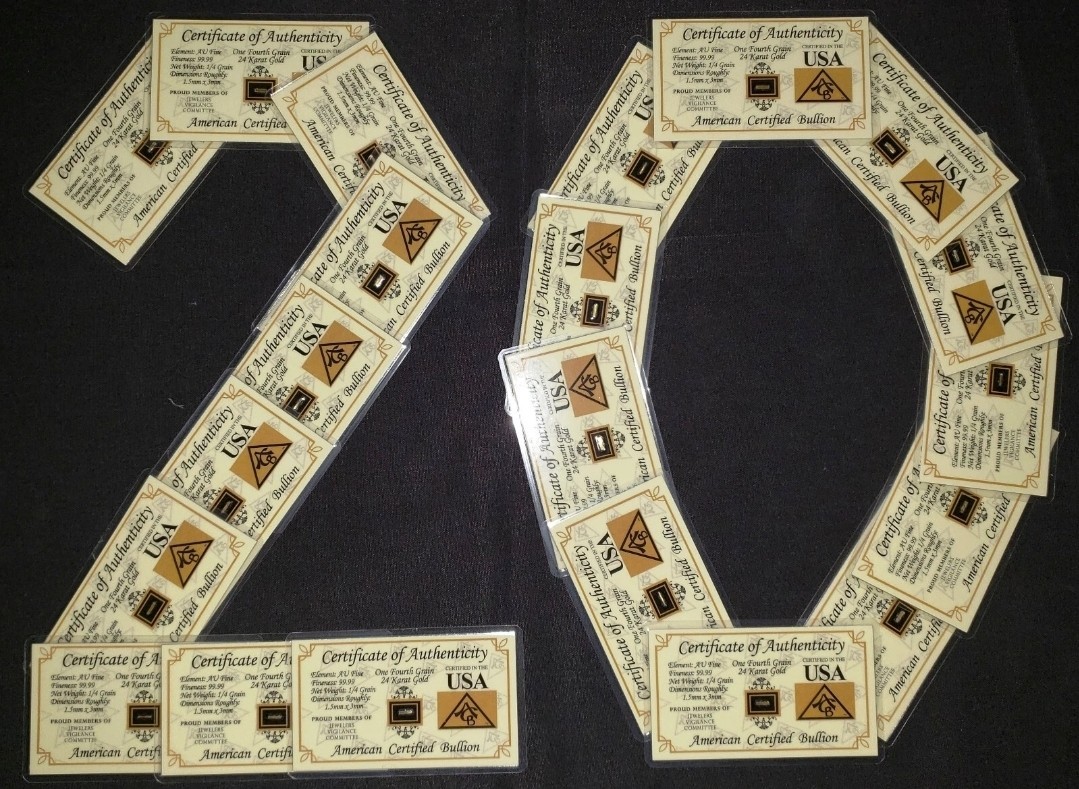 GOLD x20 ACB 1/4GRAIN 24K SOLID BULLION MINTED BAR 9999 FINE CERT/AUTHENTICITY