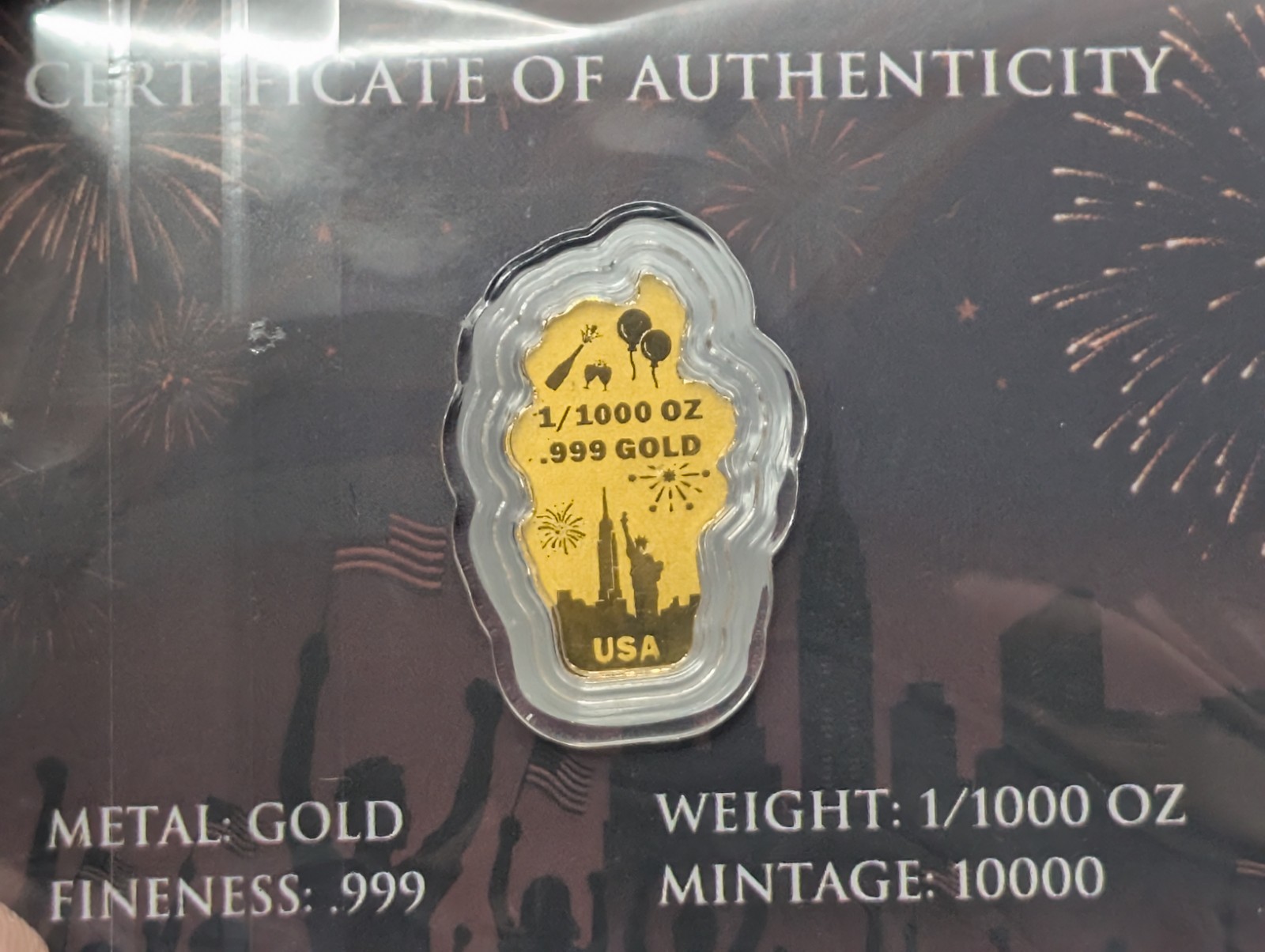 ​2026 Happy New Year 1/1000 oz .999 Fine Gold Bar Statue of Liberty Carded COA