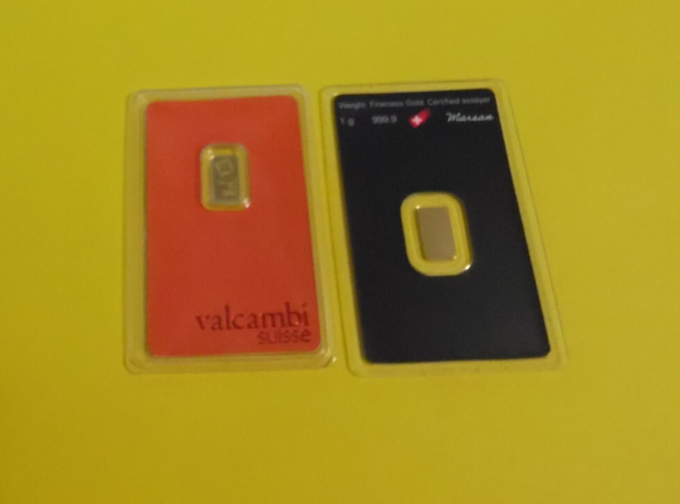 2 Gold Bars 1 Gram Each 999.9 Fine Valcambi and Argor Heraeus Sealed Assay Shown