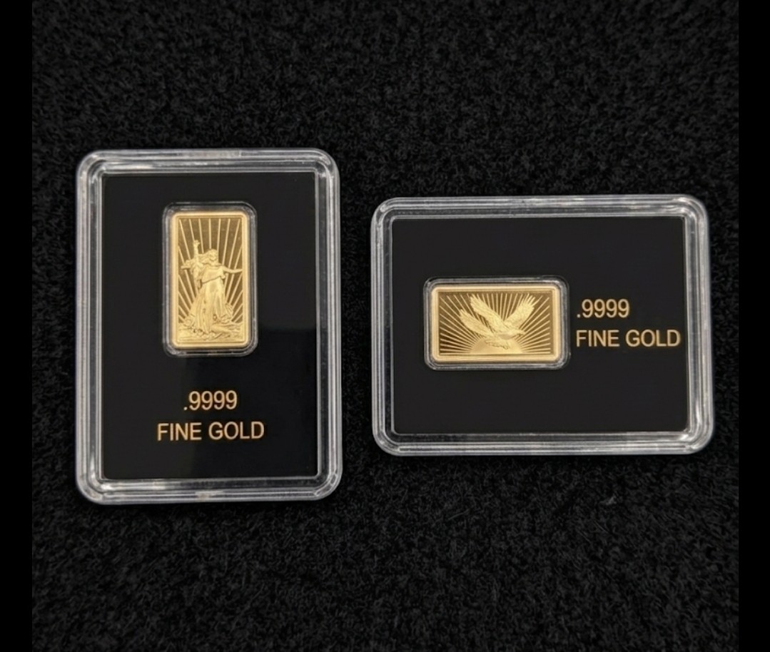 Lot of 2 – .9999 Fine Gold Bars In Assay Walking Liberty & Double Eagle 1/50oz