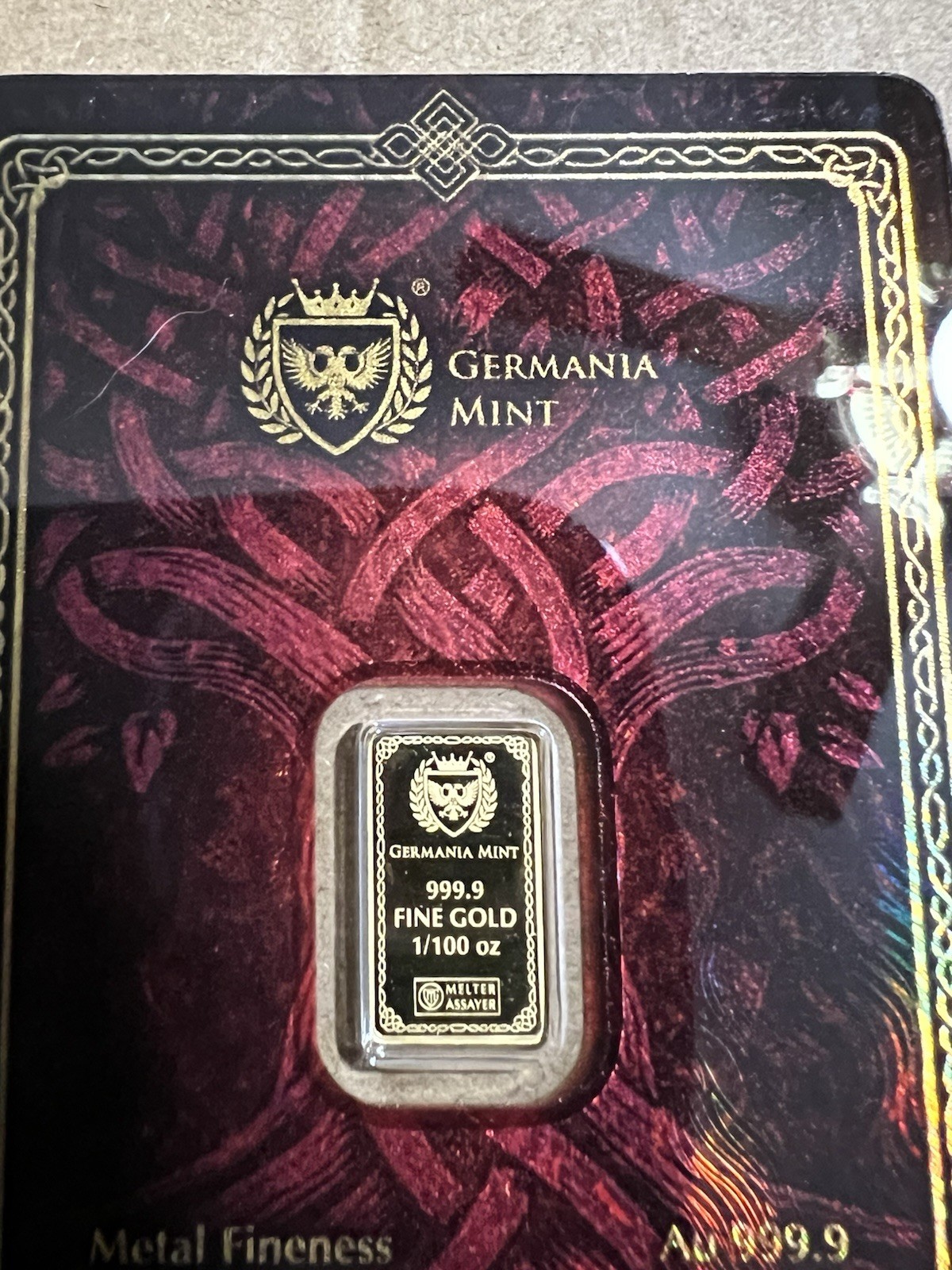 Germania Mint 1/100 oz Gold Bar In Assay 999.9 Fine Gold Frigg Bar