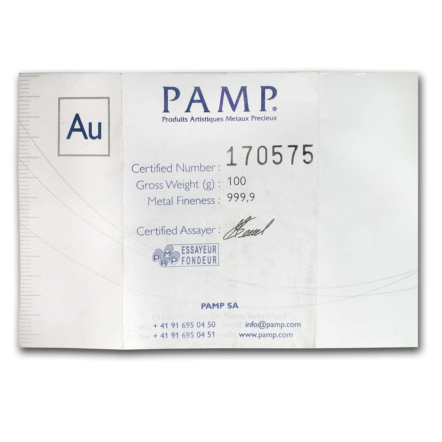 100 gram Gold Bar – PAMP Suisse (Cast, w/Assay)