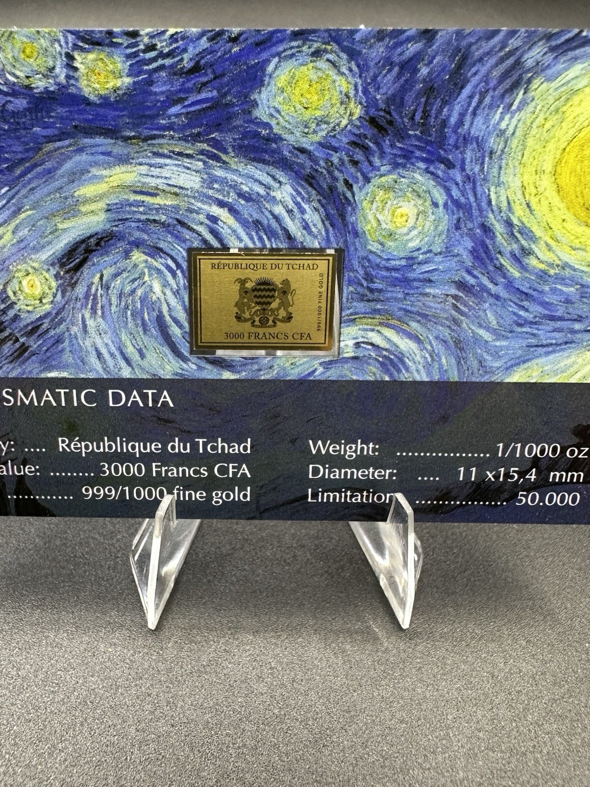 Starry Night Vincent Van Gogh 1/1000 Oz 999 Gold Coin Bar 3000 Francs Chad