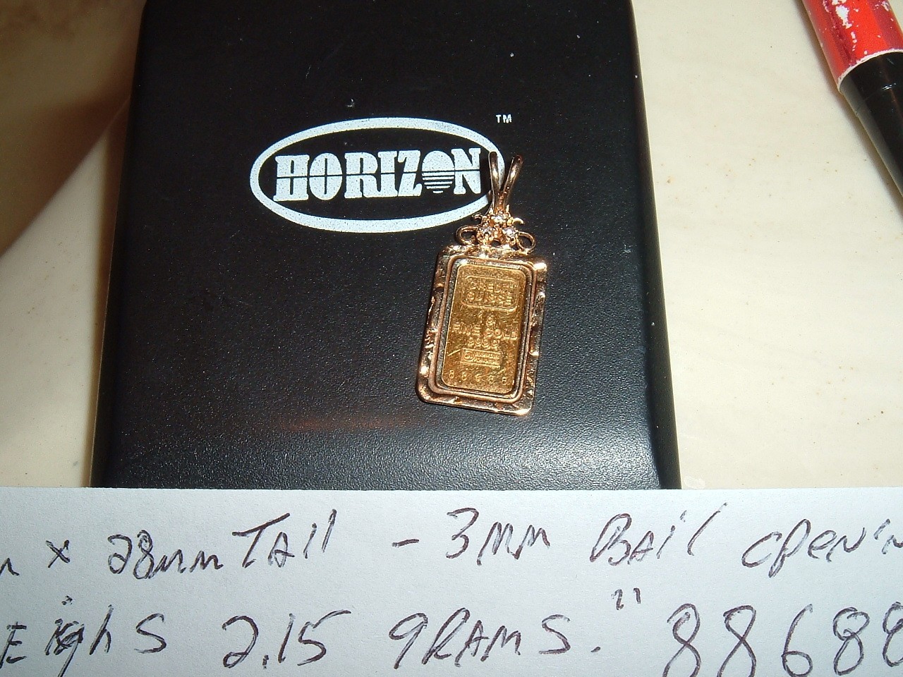 24K GOLD 3 DIAMOND Credit Suisse 999.9 FINE INGOT BAR w/ 14K PENDANT BEZEL 2.15g