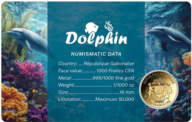 Dolphin 1/1000 Oz Gold 999 coin 3000 Francs Chad 2025
