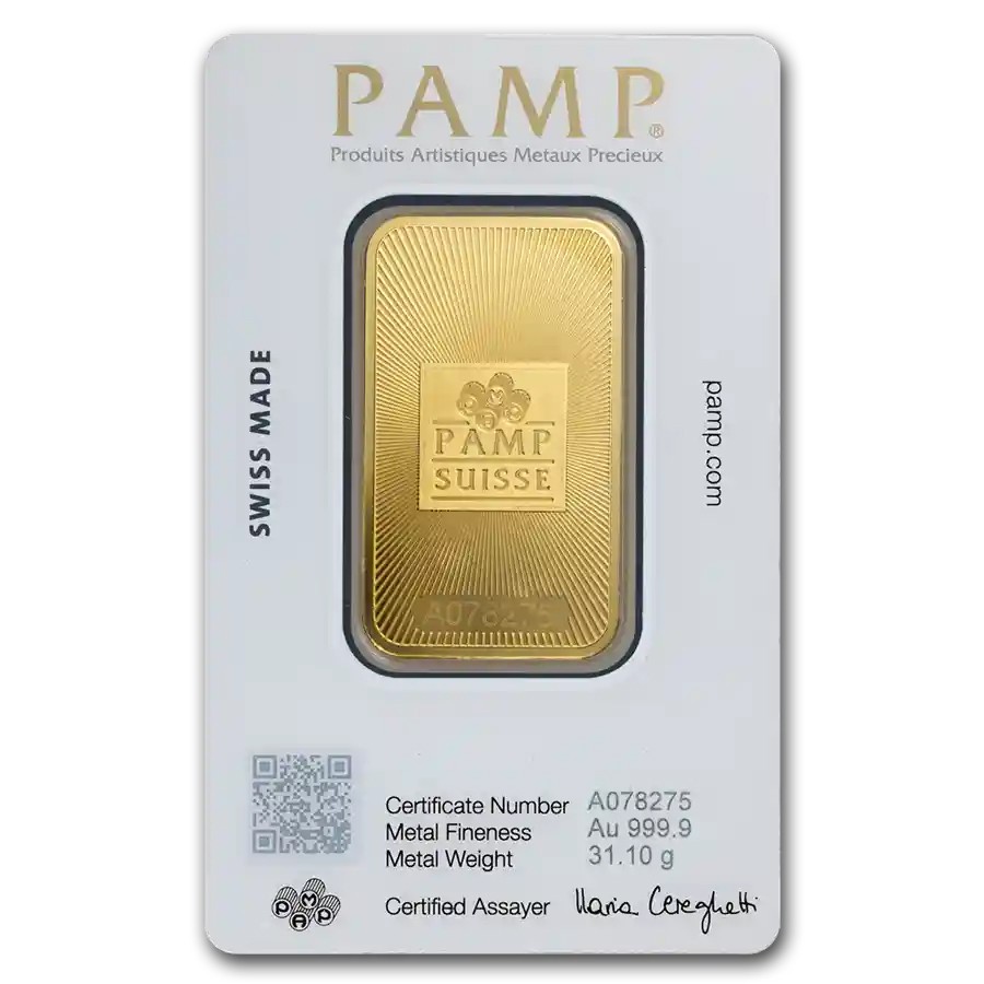 1 oz Gold Bar – PAMP Suisse with Assay Card – .9999 Fine Gold