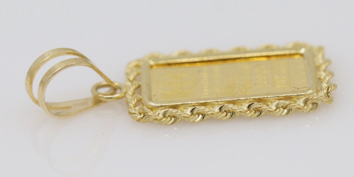 Union Bank of Switzerland 1g 999.9 Fine Gold #95988 Bar in 14k Pendant w/ COA