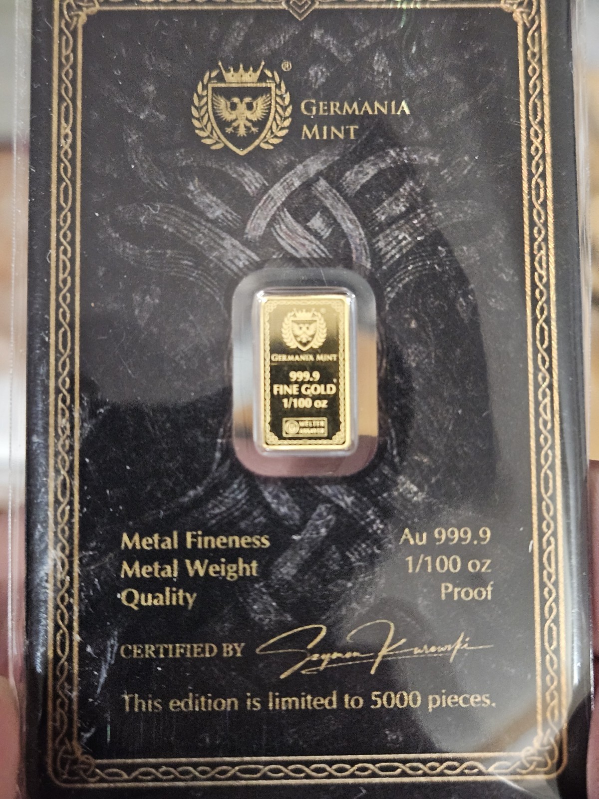 Germania Mint Odin 1/100th Gold Bar In Assay Card