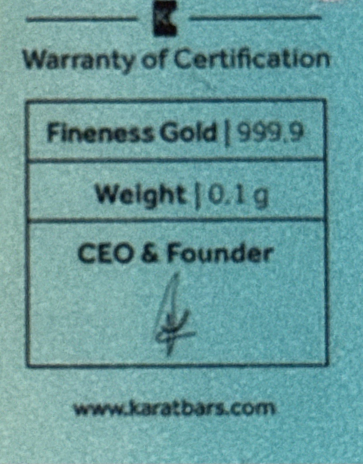 Karatbars World of Charity Gold Card 0.1g .9999 Fine Gold Bar
