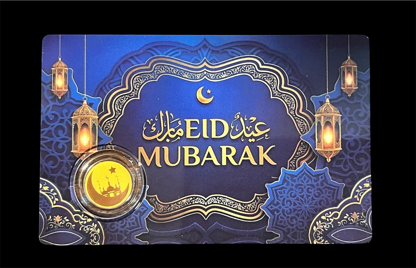 Happy EID Mubarak 1/1000 oz Gold Round In Card. Mintage 9,999