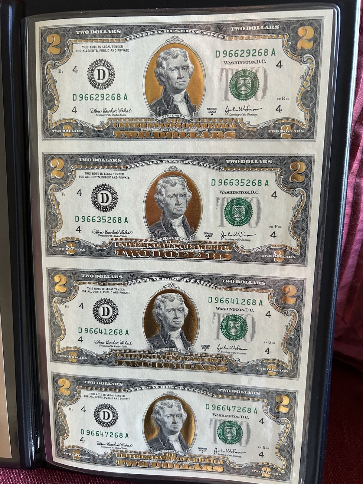 22 KARAT GOLD OVERLAID UNCUT SHEET 2$ BILL *RARE*
