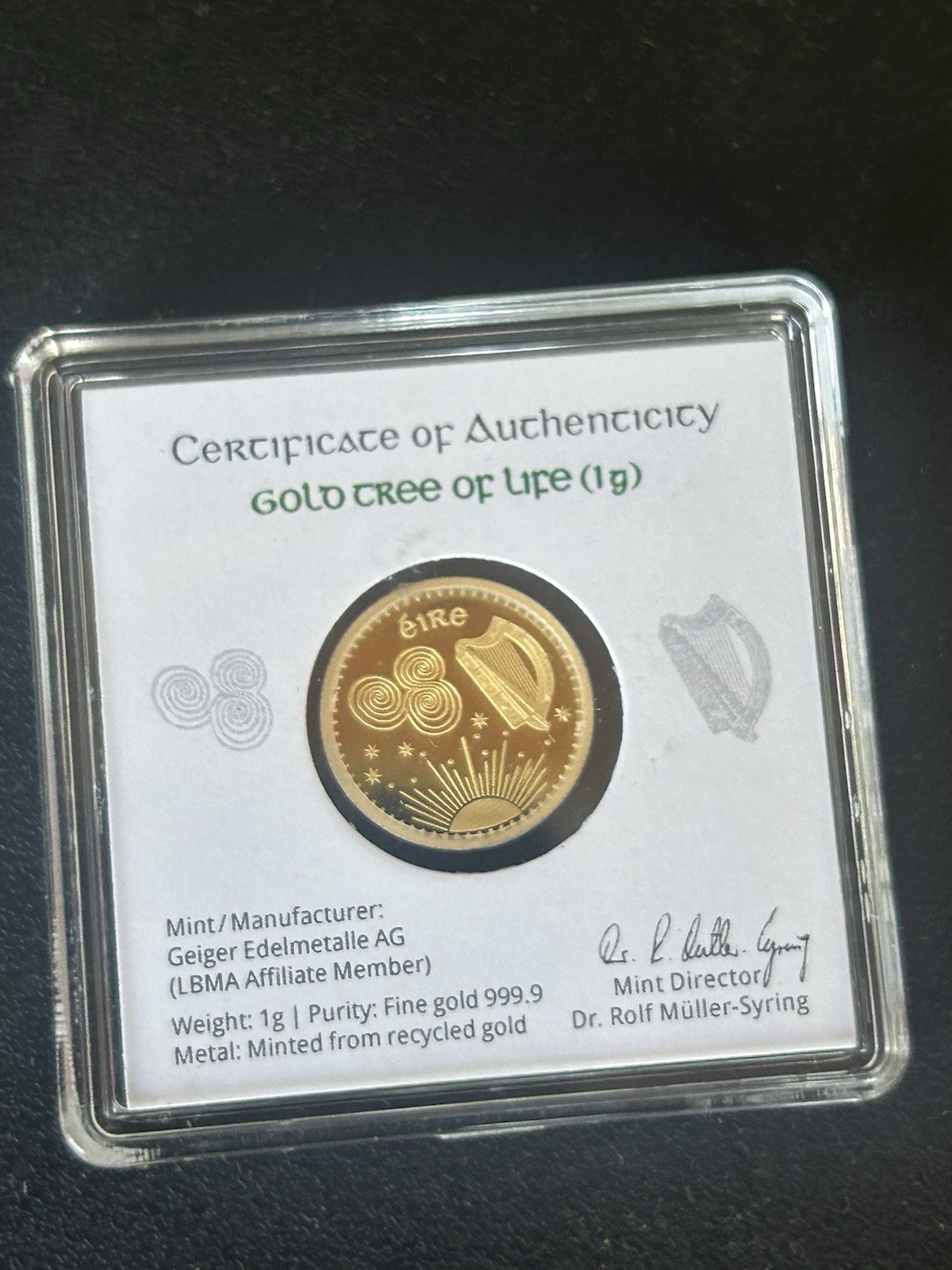 Geiger Edelmetalle 1 Gram Fine Gold Tara Coins Gold Tree of Life Sealed