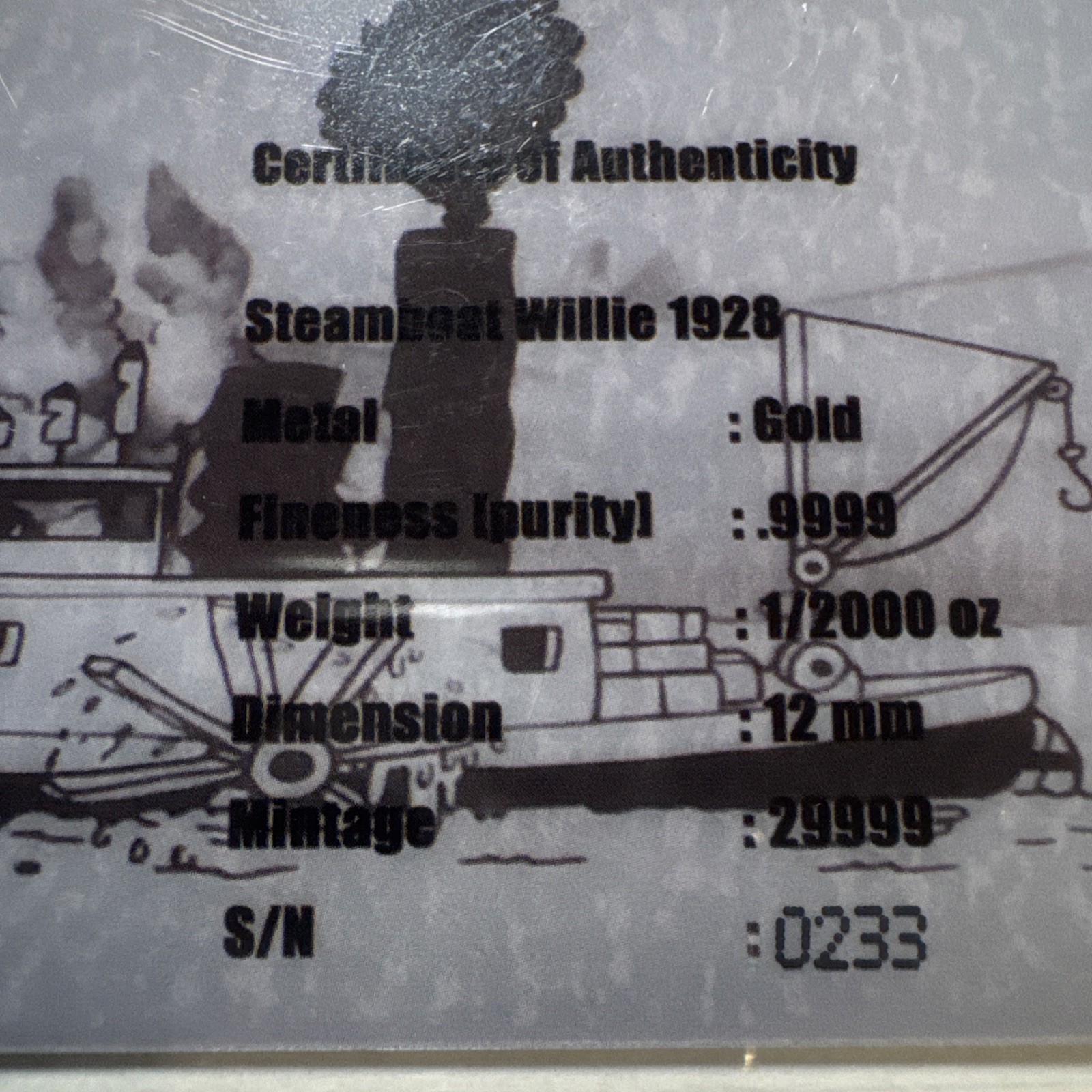 Steamboat Willie 1928 1/2000 Oz .9999 Gold Round Card #0233/29999 w/COA 2026￼