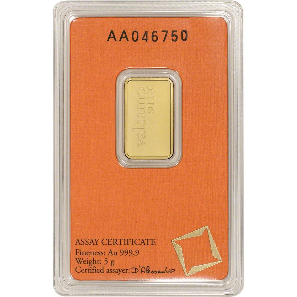 5 gram Gold Bar – Valcambi Suisse – 999.9 Fine in Sealed Assay
