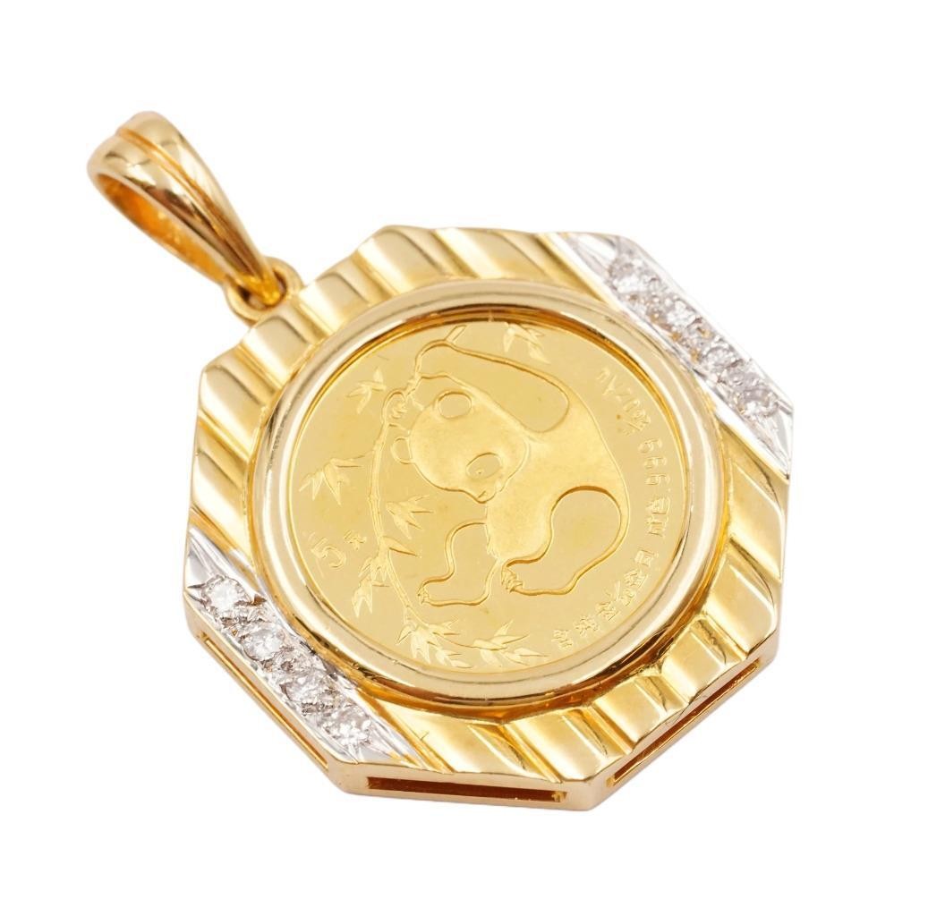 1985 China 1/20 Gold Panda .999 Pure 5 Yuan Gold Coin with 18K Diamond Bezel