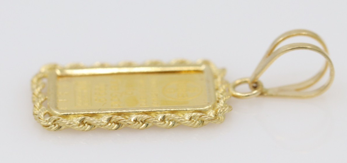 Union Bank of Switzerland 1g 999.9 Fine Gold #95988 Bar in 14k Pendant w/ COA