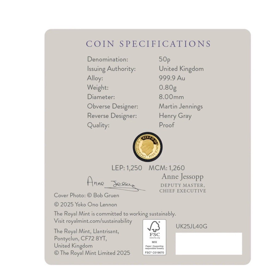 2025 Great Britain JOHN LENNON Music Legends 1/40 oz Gold Proof in Card L.E.1250