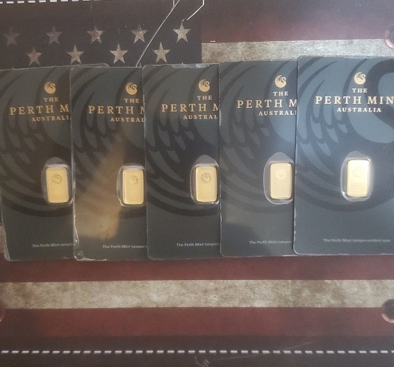 1 Gram The Perth Mint Australia Gold Bars Seq Lot of 5, 999.9 Fine in Assay