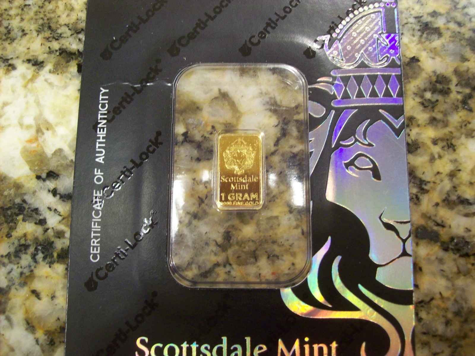 1 GRAM GOLD BAR .9999 FINE SCOTTSDALE MINT IN ASSAY CARD w/CERTI-LOCK