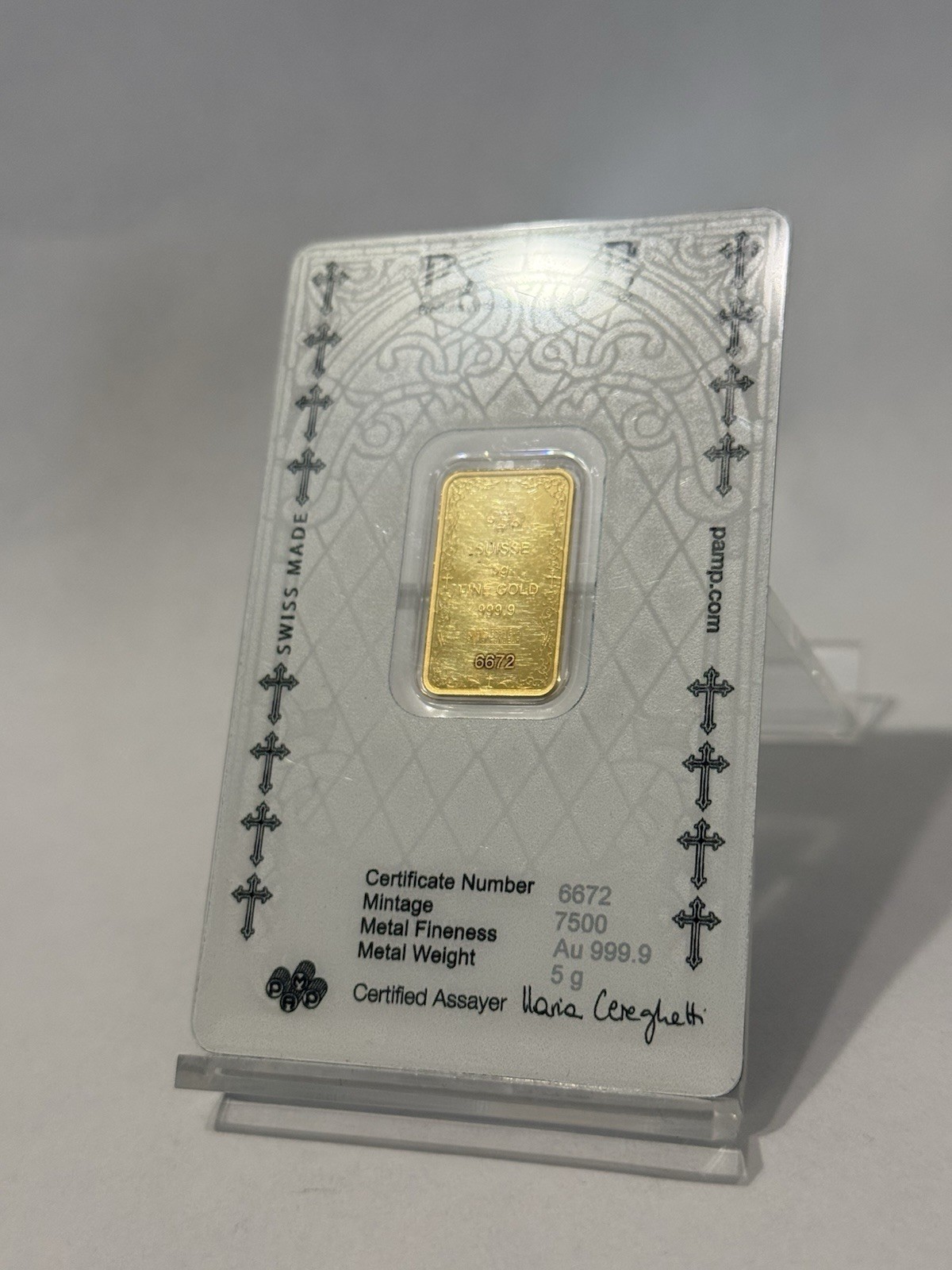 2025 5 g Gram .9999 Gold Bar PAMP Suisse Cross of Christianity in Assay & Sleeve