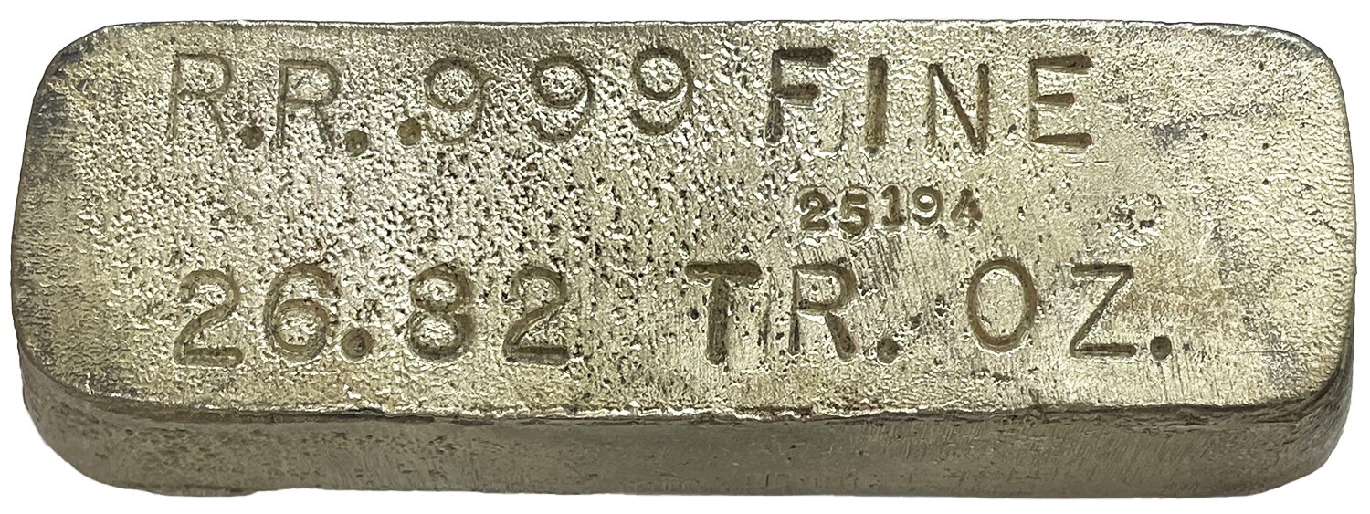 c. 1960’S INDUSTRIAL R.R. SILVER 26.82 TROY OZ .999 FINE POURED BAR / INGOT