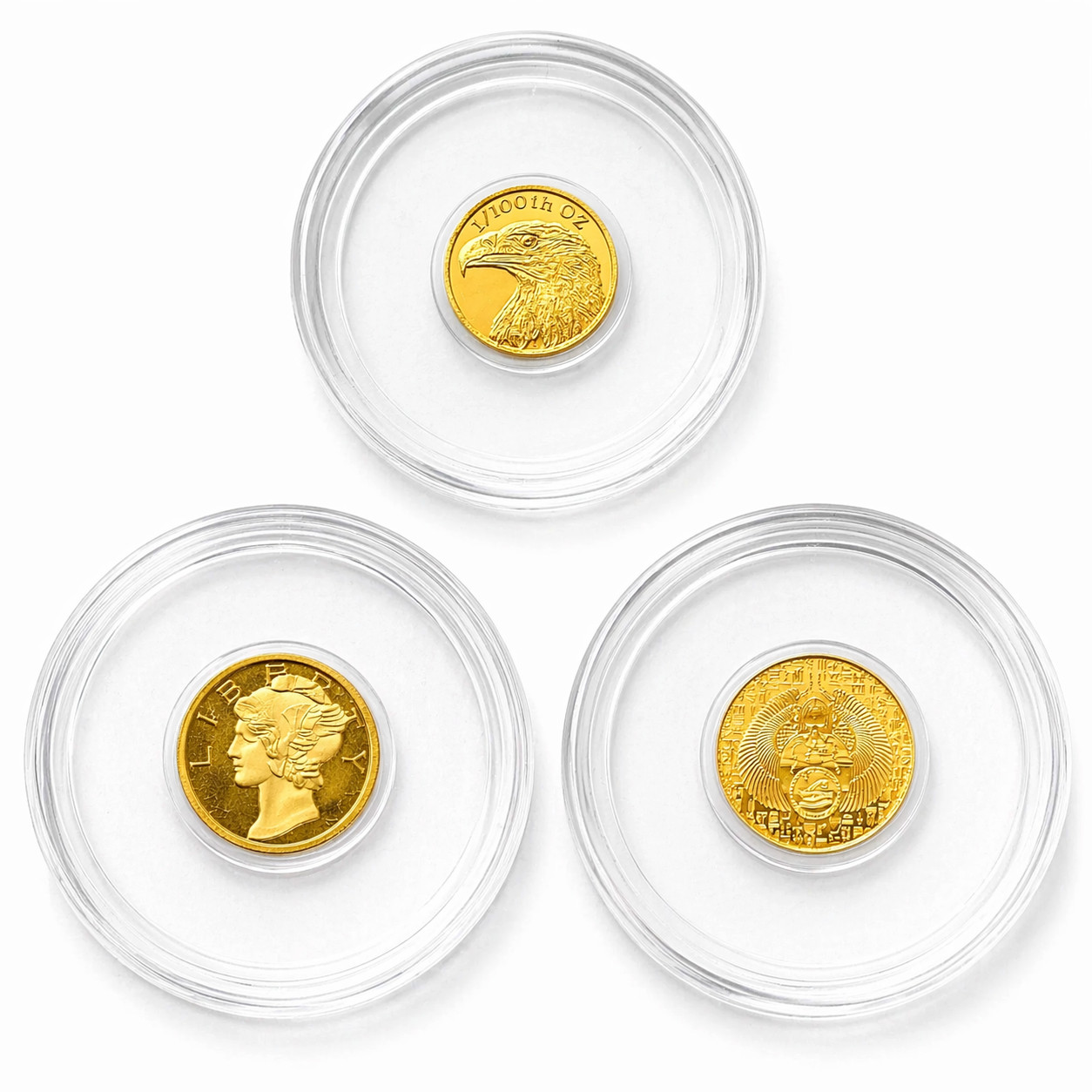 24K Gold 3 Coin Set – Eagle Flag / Mercury / Scarab – .9999 Fine Bullion