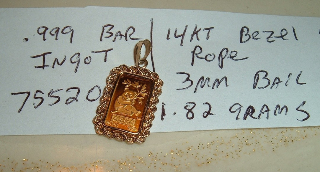 1 GRAM 999.9 FINE GOLD CREDIT SUISSE BAR 14 KT ROPE BEZEL 3MM BAIL PENDANT 1.8g