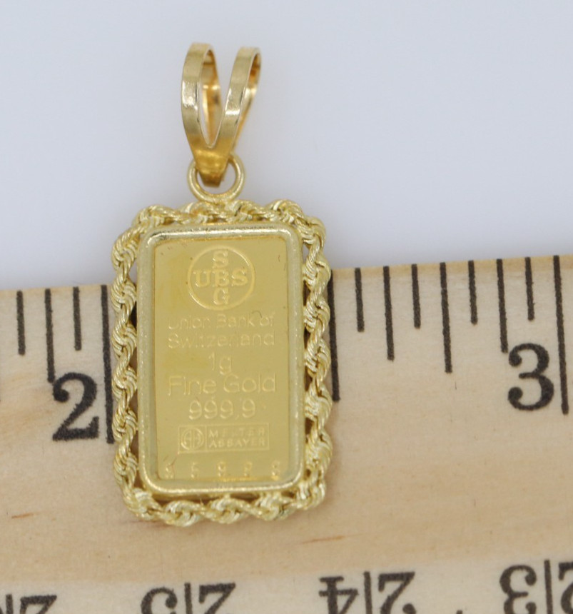 Union Bank of Switzerland 1g 999.9 Fine Gold #95988 Bar in 14k Pendant w/ COA