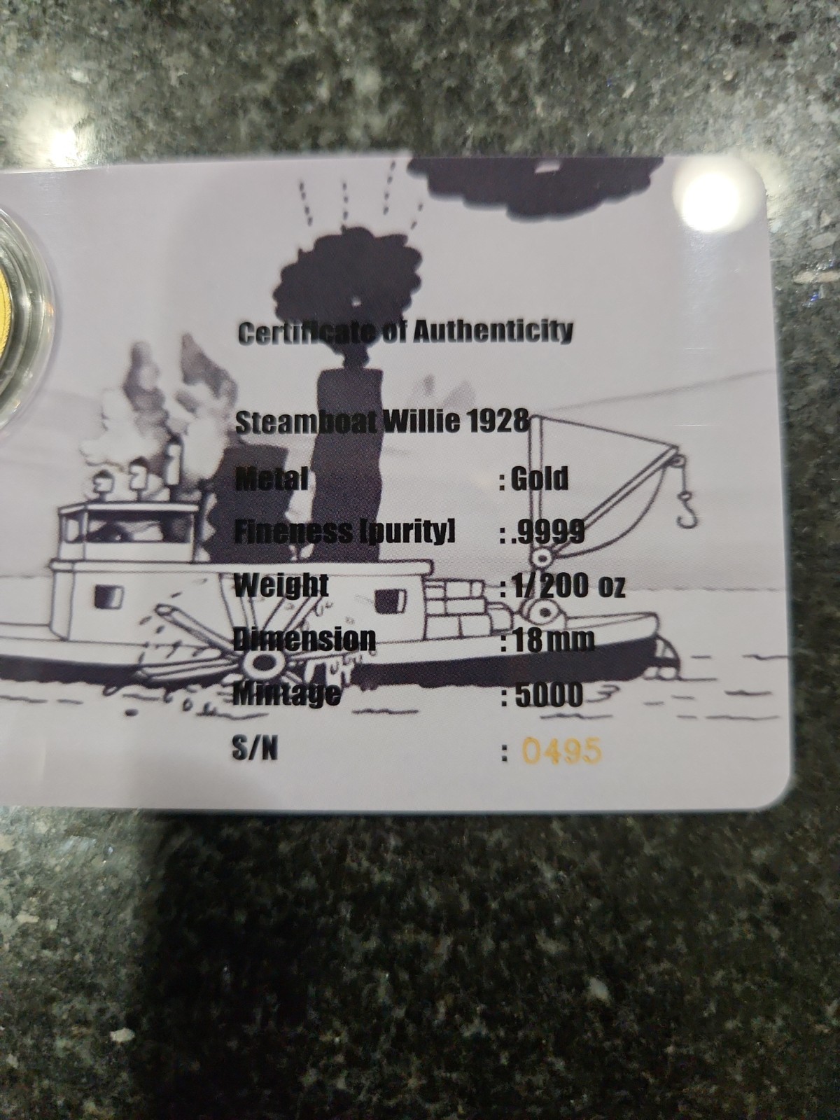 1/200 Oz .9999 Gold Mickey Mouse Steamboat Willie limited mintage
