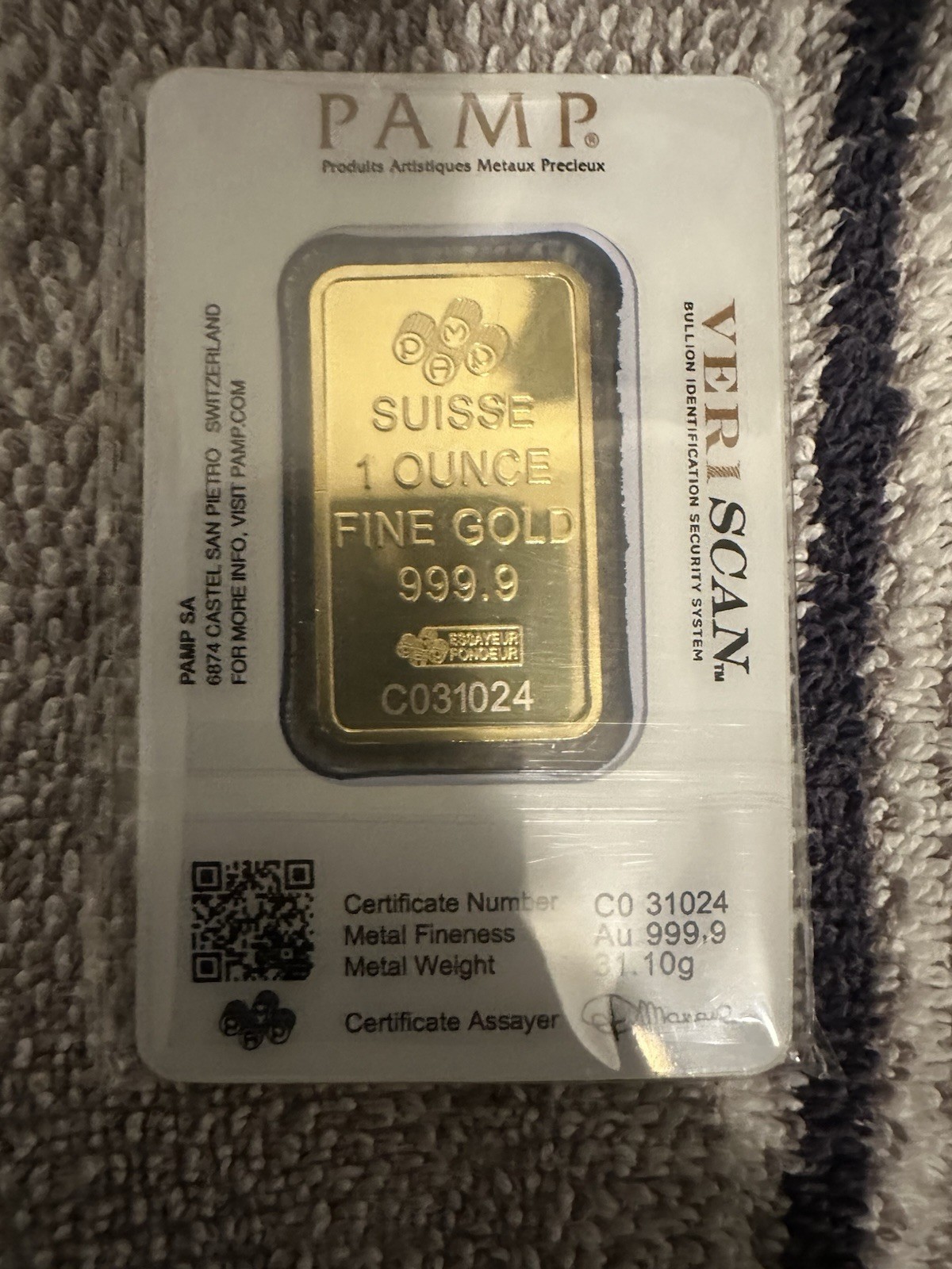 PAMP Suisse 1 oz .9999 Fine Gold Bar in Veriscan Assay Card – Gold Bar