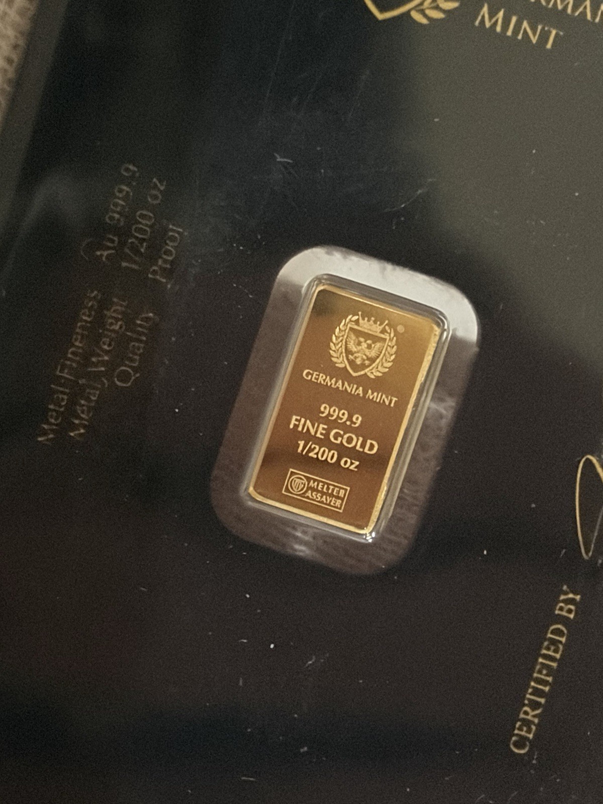 Germania Mint STAMPED BAR Lady Germania Minted 1/200 oz Gold Bar in Assay Card