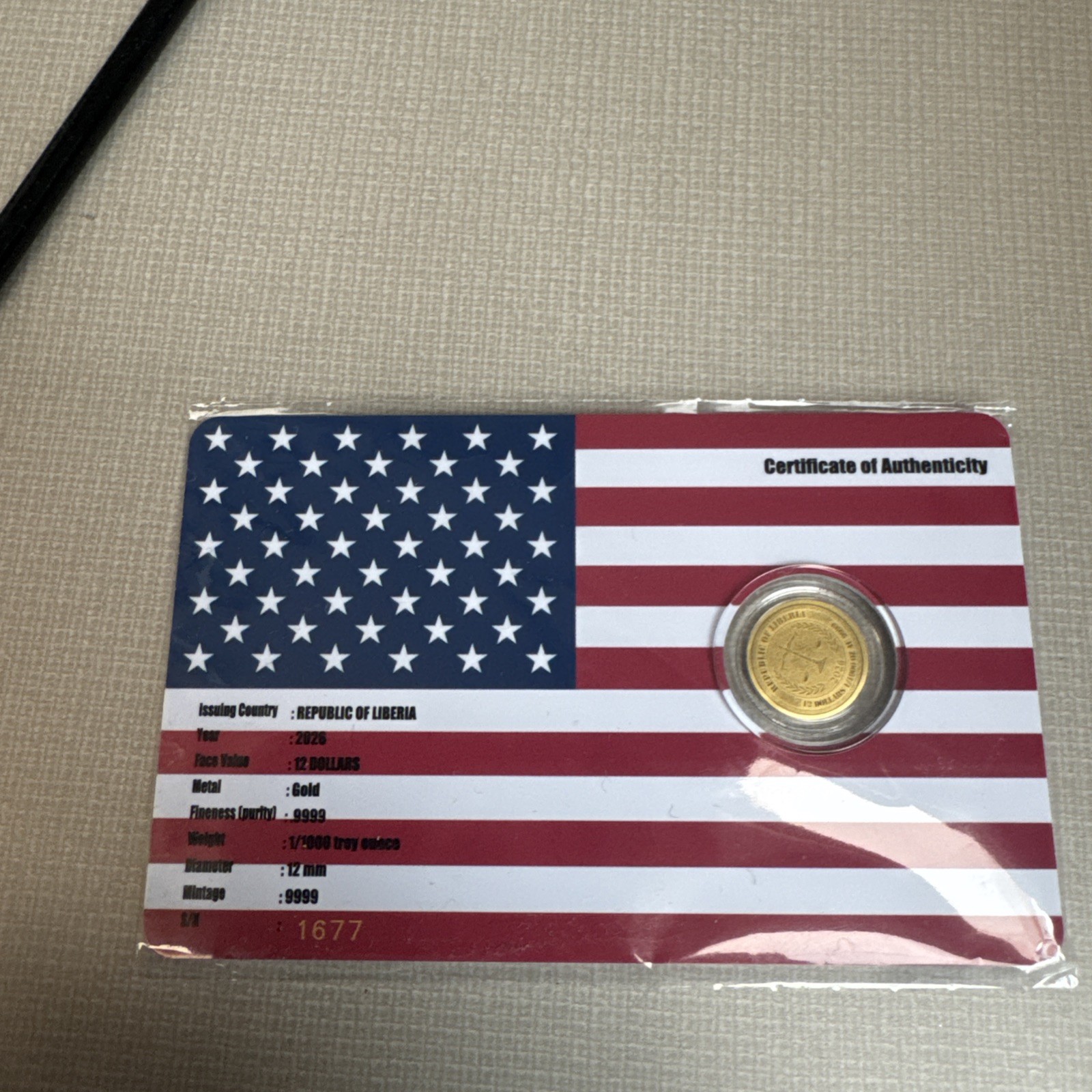 1/1000 oz Gold Coin Card 9999 Fine Gold 100 Dollar Bill Flag Theme