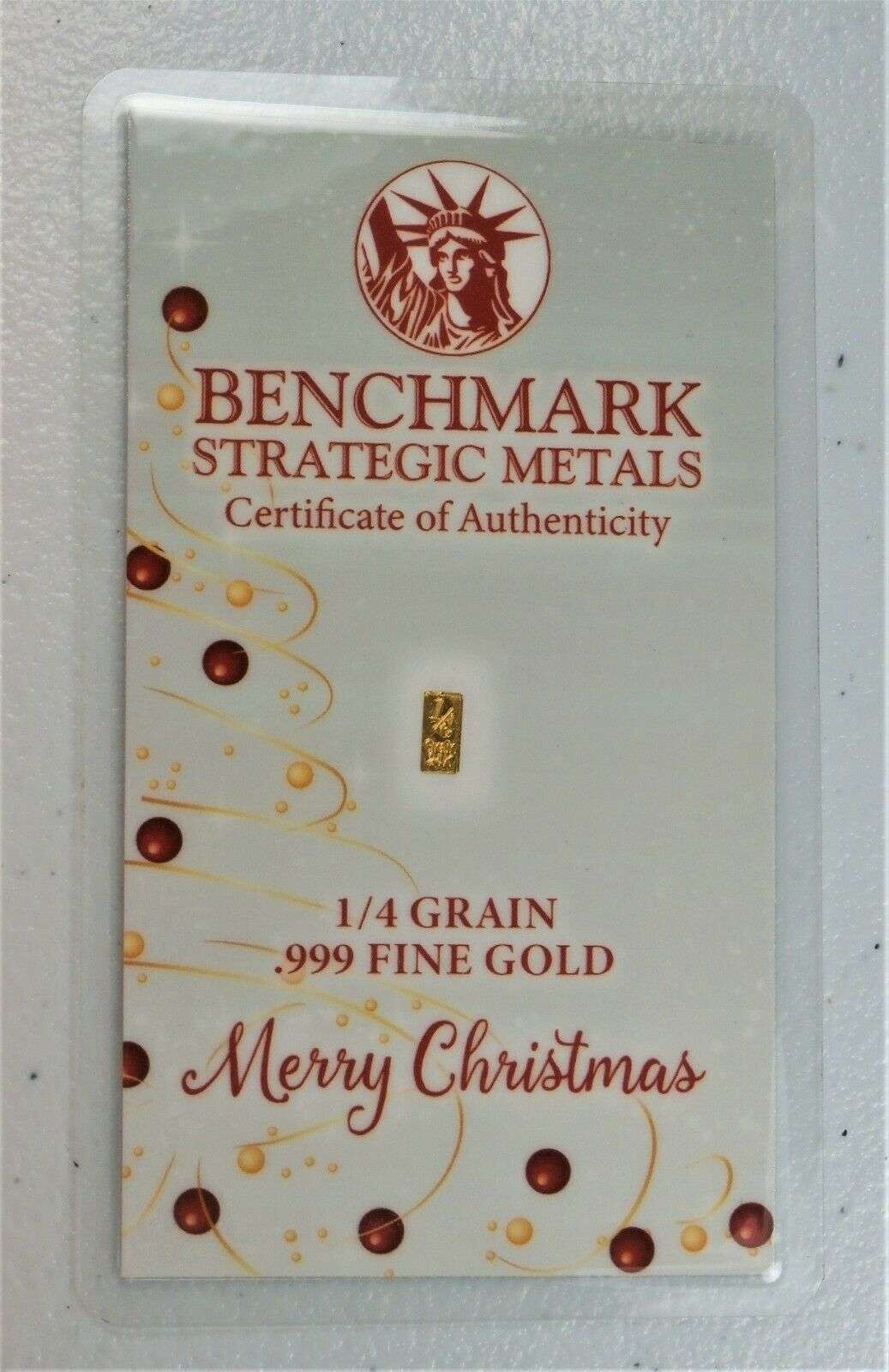 Gold 1/60 Gram Pure .999 Fine 24k Gold Christmas Bar White Christmas Tree