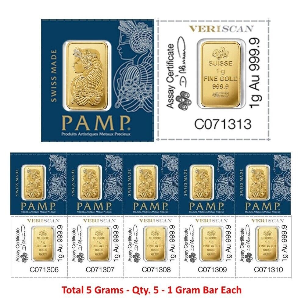 Lot of 5 – 1 Gram Gold Bar Divisible PAMP Suisse MULTIGRAM .9999 Fine Gold Bar