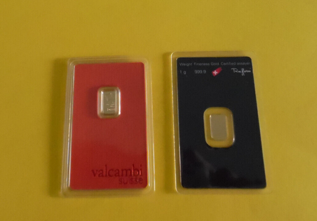 2 Gold Bars 1 Gram Each 999.9 Fine Valcambi and Argor Heraeus Sealed Assay Shown