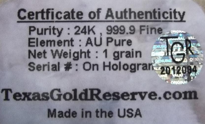 1 GRAlN (NOT GRAM) GR 24K PURE FINE GOLD BULLION PROFESSIONALLY MINTED BAR