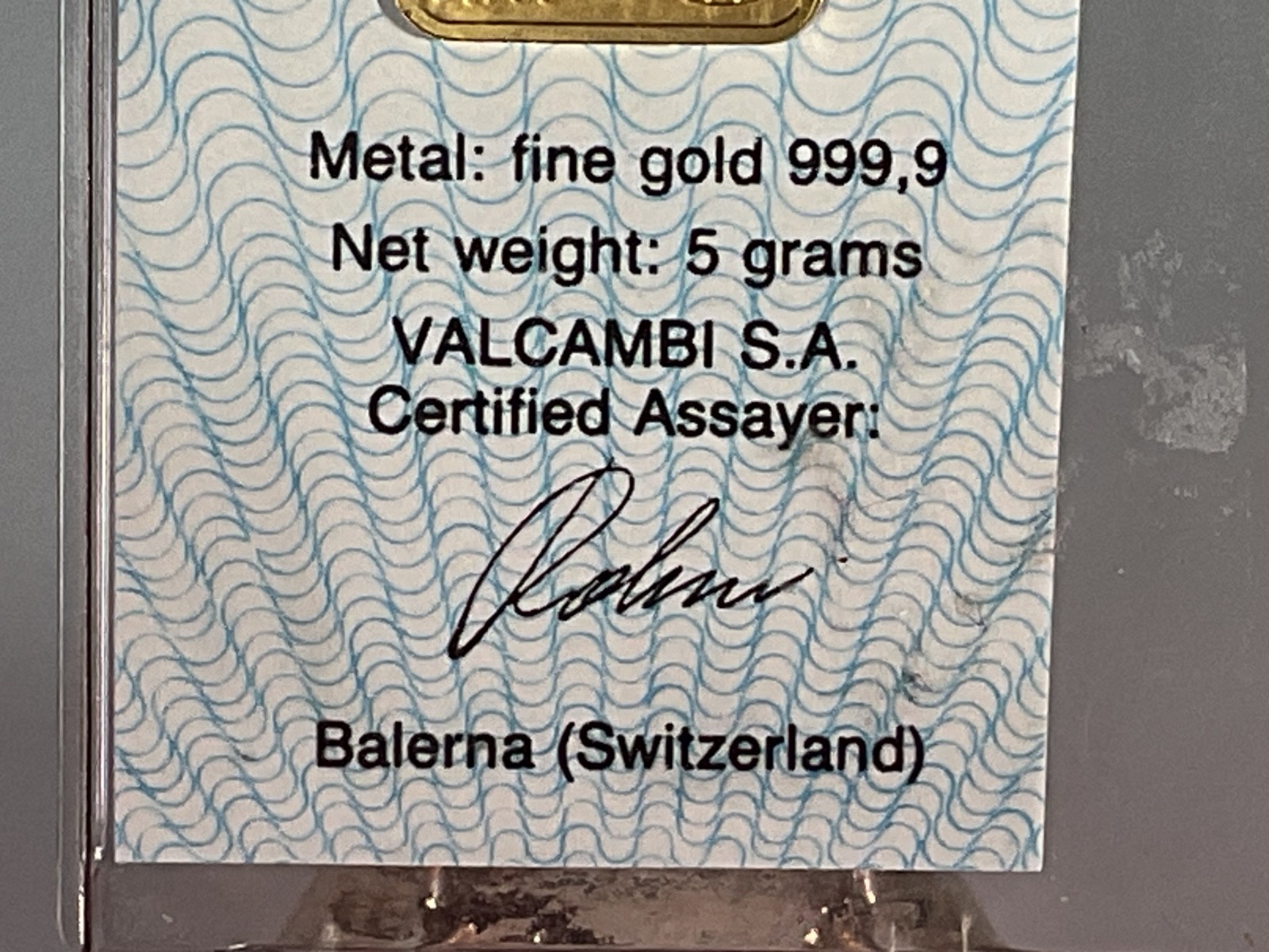 1985 Credit Suisse 5g 0.9999 Fine Gold Bar in Assay Card – 5g Total Gold Content