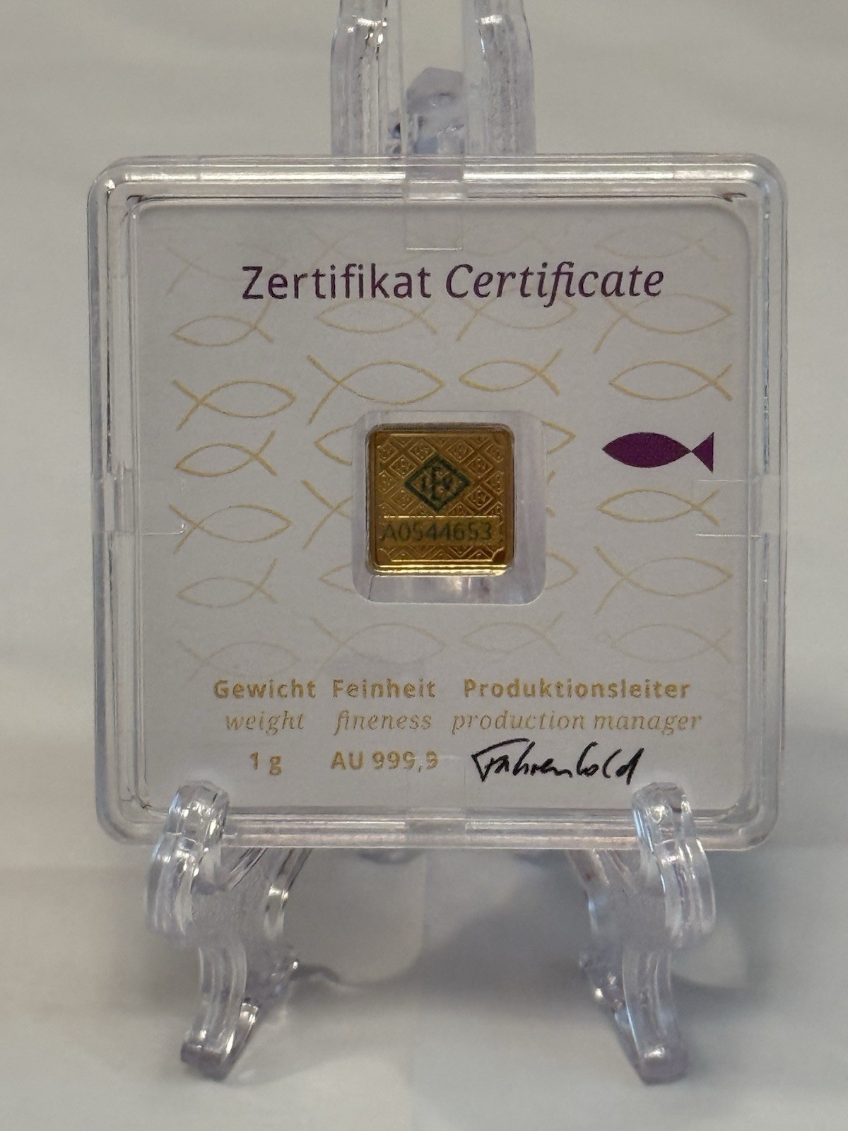 Geiger Edelmetalle 1g Gold Bar Purple Religious Fish Assay .9999 Fine