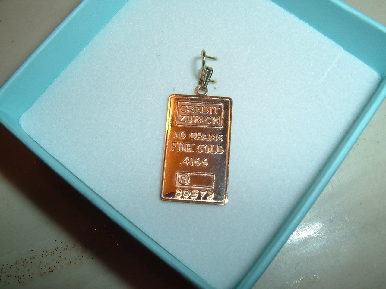 SOLID FINE 10K GOLD .416 BAR 1 GRAM INGOT CREDIT ZURICH PENDANT CHARM 2MM BAIL