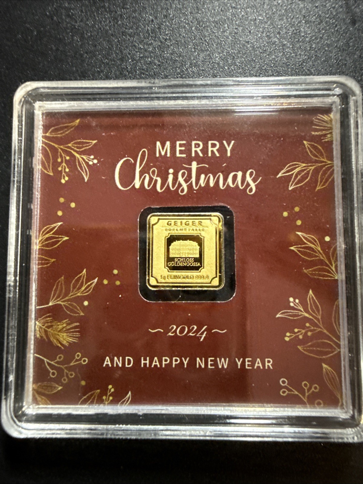 Merry Christmas Geiger In Assay-1 Gram Gold Bar (Only 1,000 Mintage) 999.9 Fine