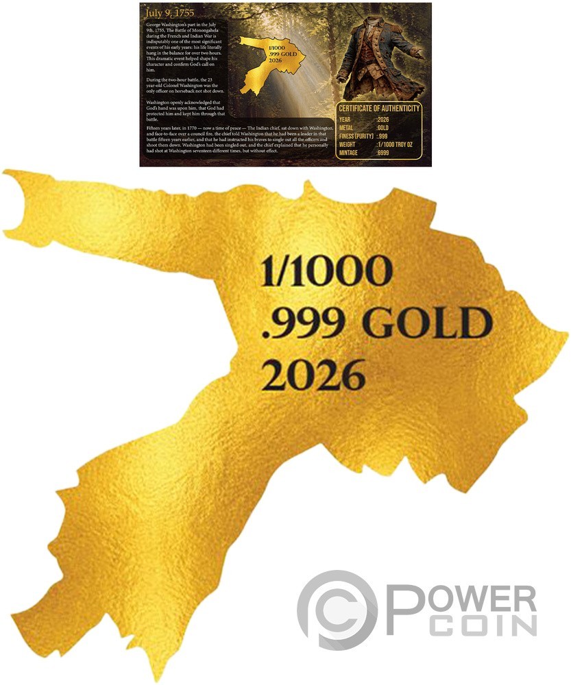 BULLETPROOF GEORGE WASHINGTON 1755 Shaped 1/1000 Oz Gold Medal 2026