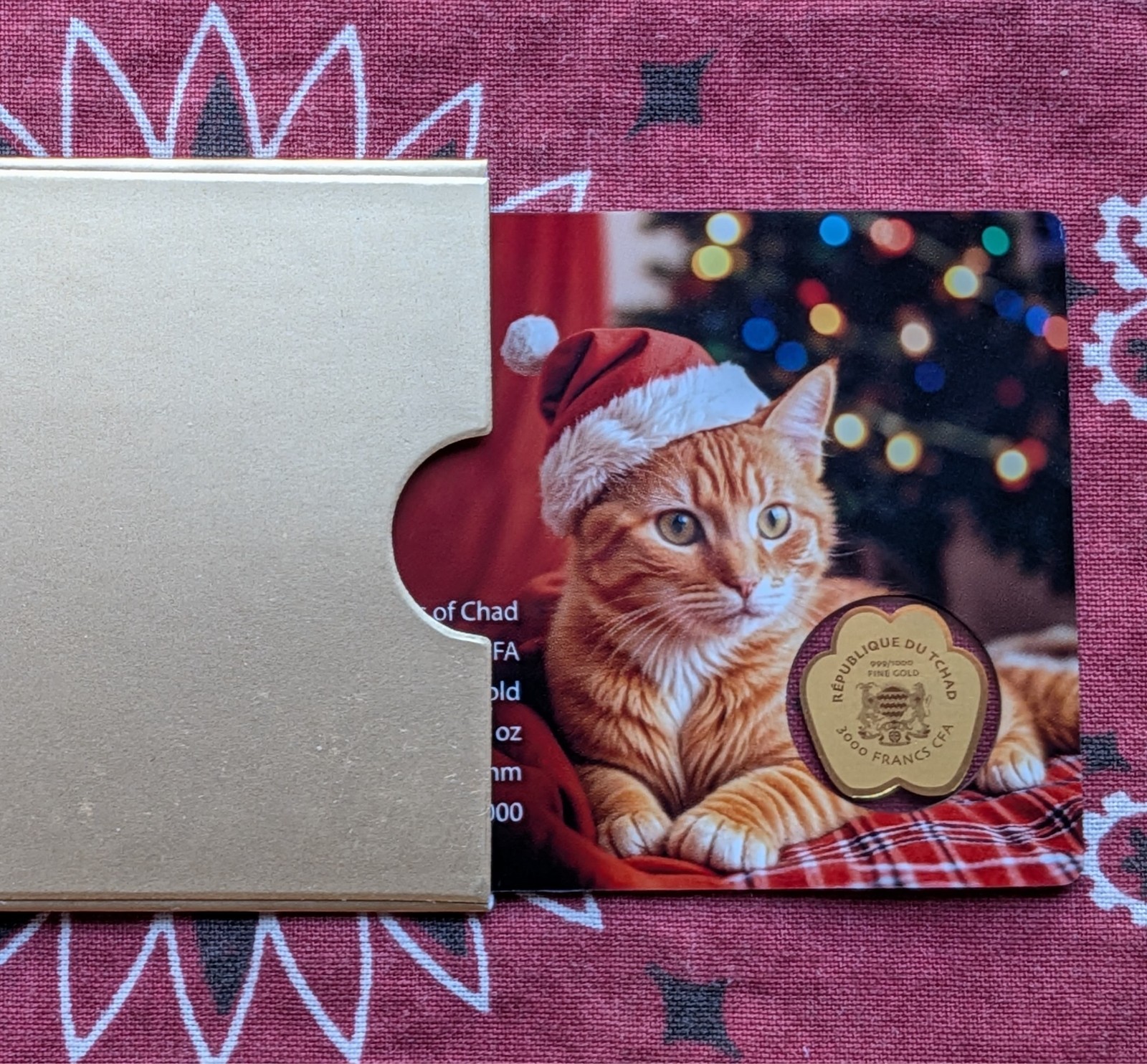 Chad Cat Paw Christmas Xmas 1/1000 Oz .999 Gold Coin in card 50k Mintage