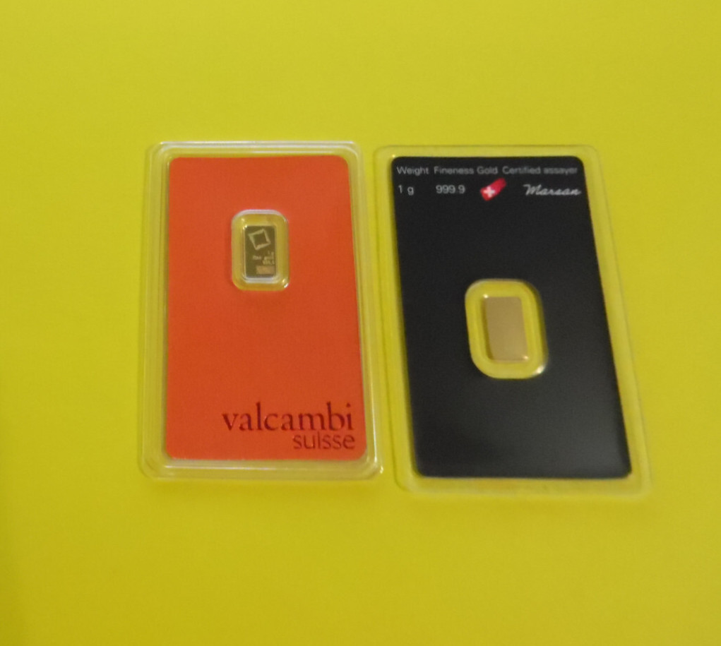 2 Gold Bars 1 Gram Each 999.9 Fine Valcambi and Argor Heraeus Sealed Assay Shown