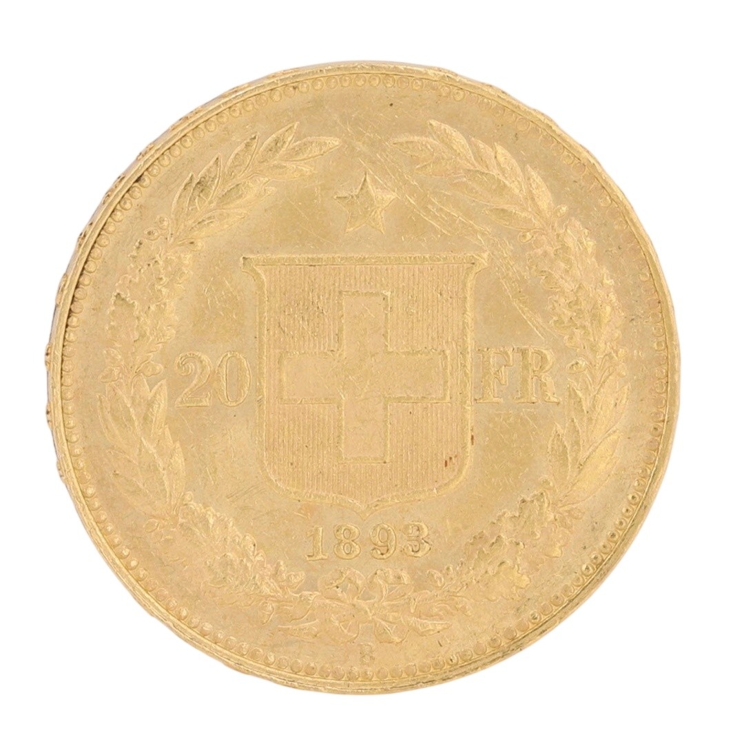 1893 Switzerland 20 Francs Helvetia 90% Gold Swissmint Round Bullion 6.45 Grams