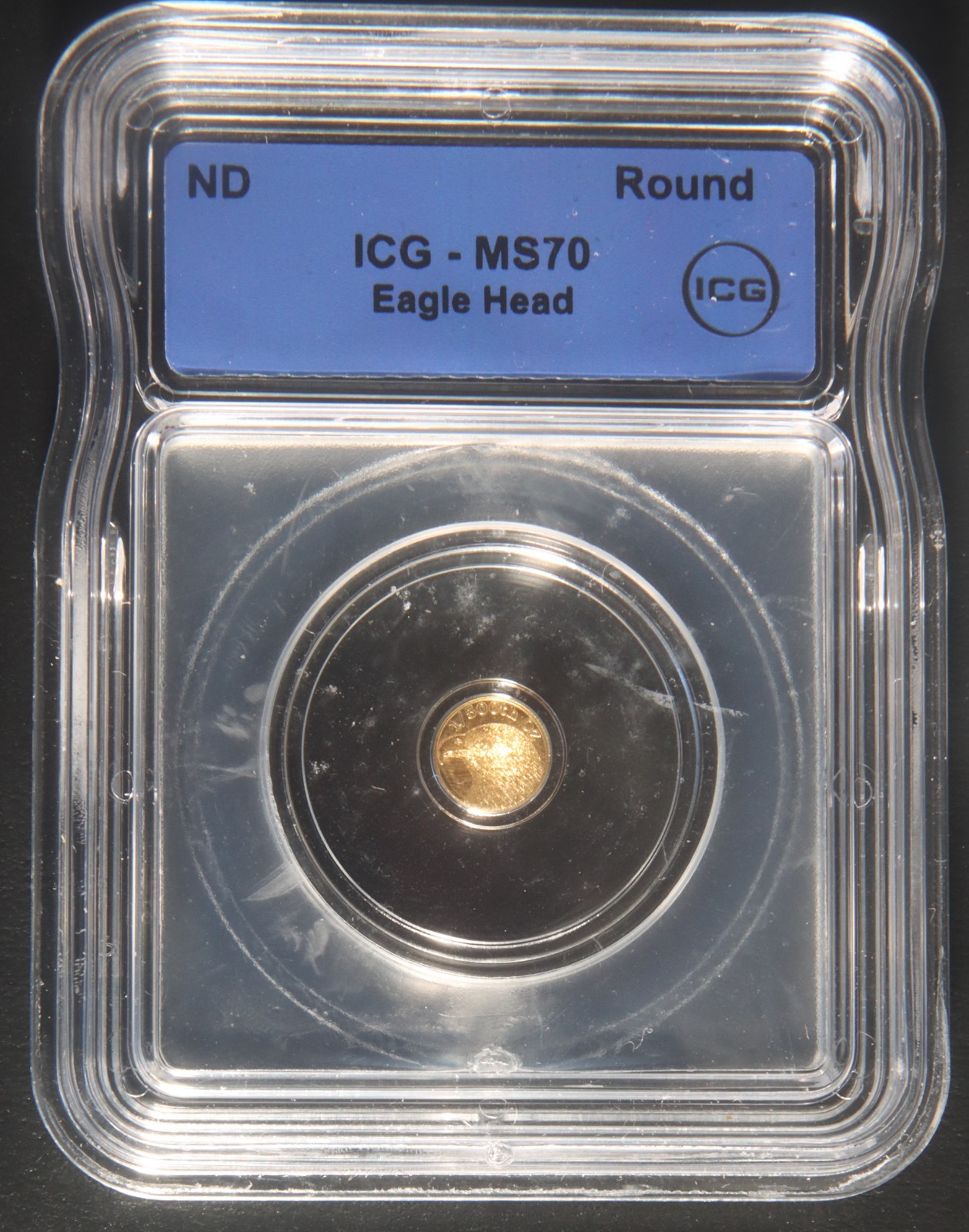 ND Eagle Head Round 1/500 oz .9999 Gold ICG MS70 Lot 160846