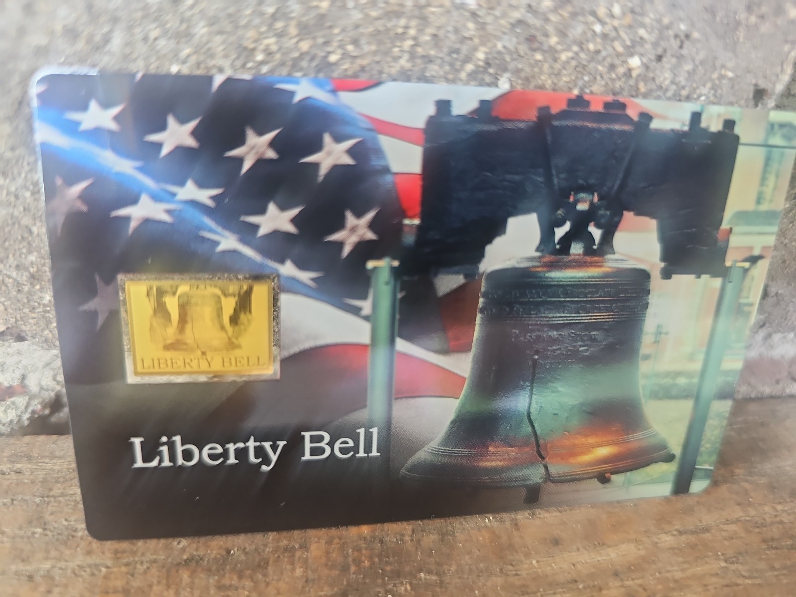 Liberty Bell 1/1000 oz .999 Fine Gold Bar in Display Card, American Flag! Lmt50k