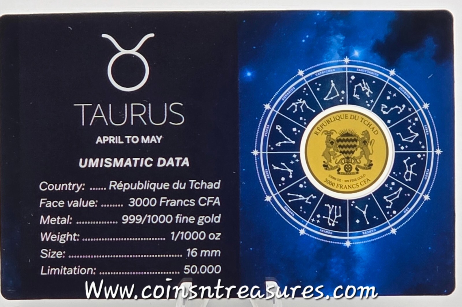 ZODIAC SIGNS TAURUS 1/1000 Oz Gold Coin 3000 Francs Chad